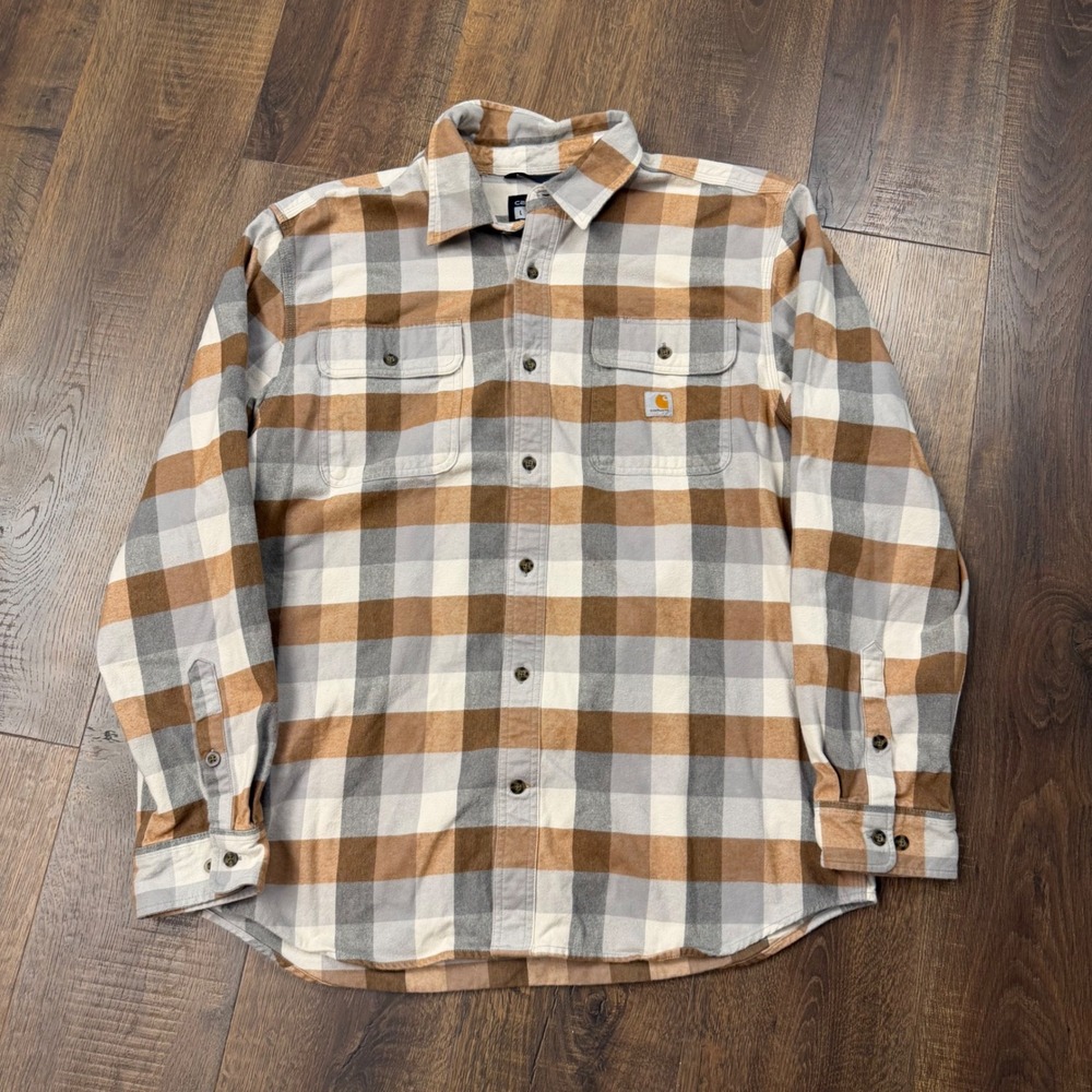 Carhartt Loose Fit Plaid Flannel Shirt Size L Brown Gray Workwear Outdoor Heavy